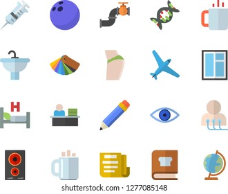 Color flat icon set window flat vector, color scheme, sink, induction cooker, cookbook, tea, main pipeline, syringe, hospital bed, eye, diagnostics, coffee, document, office worker, pencil, dna