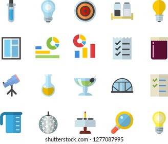Color flat icon set window flat vector, meashuring cup, induction cooker, spice, jam, greenhouse, lamp, statistics, medical analysis, to do list, bulb, beakers, telescope, cocktail fector, magnifier