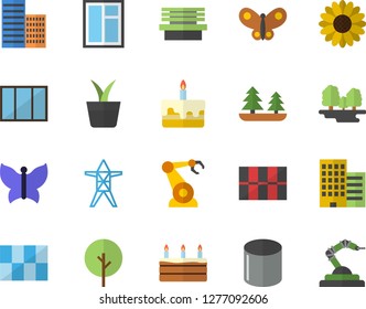 Color flat icon set window flat vector, skyscraper, tile, cake, home plant, tree, flower, butterflies, bench, forest, power line support, pipe production, robotics