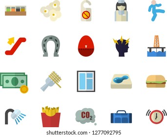 Color flat icon set window flat vector, shower, kitchen egg timer, spice, spaghetti on a fork, hamburger, French fries, popcorn, horseshoe, pool, oil production platform, carbon dioxide, cash, nurse