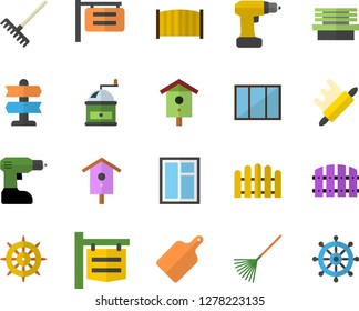 Color flat icon set window flat vector, drill screwdriver, fence, rolling pin, cutting board, coffee grinder, nesting box, rake, bench, signboard, pointer fector, steering wheel