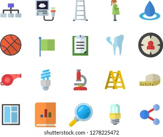 Color flat icon set window flat vector, ladder, energy saving lamp, drop, magnifier, target audience, flag, book balance accounting, ultrasound, gestation, broken tooth, clipboard, microscope, share
