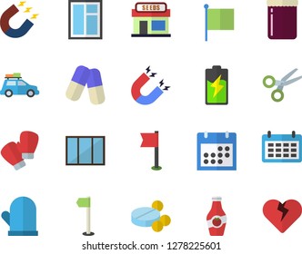 Color flat icon set window flat vector, potholder, jam, ketchup, grain warehouse, battery, magnet, flag, calendar, pills, sports, boxing gloves, car fector, scissors, heart