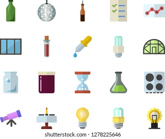 Color flat icon set window flat vector, energy saving lamp, electric stove, sauce, jam, greenhouse, chemistry, glass bottles, pipette, blood test, point diagram, to do list, bulb, fector, telescope
