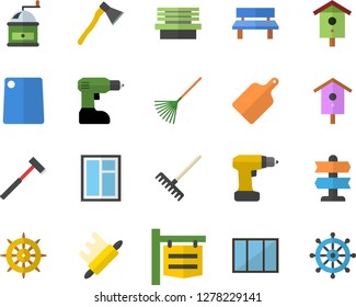 Color flat icon set window flat vector, drill screwdriver, ax, rolling pin, cutting board, coffee grinder, nesting box, rake, bench, signboard, pointer fector, steering wheel