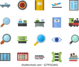Color flat icon set window flat vector, induction cooker, pickup truck, bench, magnifier, calendar, eye, office worker, notebook, carpal expander, train fector, departure, cruise ship