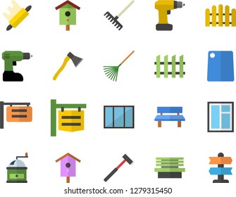 Color flat icon set window flat vector, drill screwdriver, fence, ax, rolling pin, cutting board, coffee grinder, nesting box, rake, bench, signboard, pointer fector