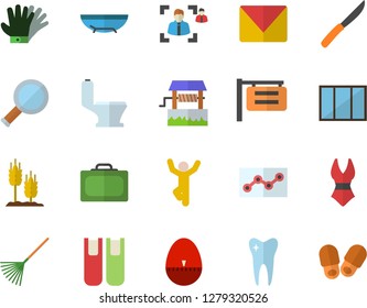 Color flat icon set window flat vector, toilet, kitchen egg timer, knives, ear, well, rake, gloves, signboard, tooth, recruitment, point diagram, book, mail, magnifier, swimsuit, gymnastics