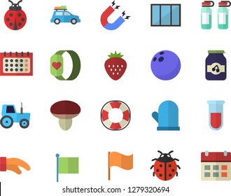 Color flat icon set window flat vector, potholder, jam, Strawberry, mushroom, ladybird, tractor, flag, calendar, blood test, ampoule, magnet, bowling ball, fitness bracelet, car fector, lifebuoy