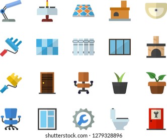 Color flat icon set window flat vector, paint roller, sink, toilet, Entrance door, tile, repair, flooring, heating batteries, home plant, fireplace, office chair, reading lamp, doctor's