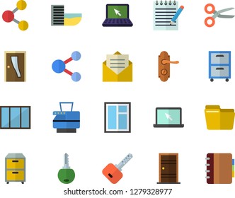 Color flat icon set window flat vector, Entrance door, lock, computer file, copy machine, archive, laptop, notepad, hotel first line fector, share, scissors, message, key, notebook