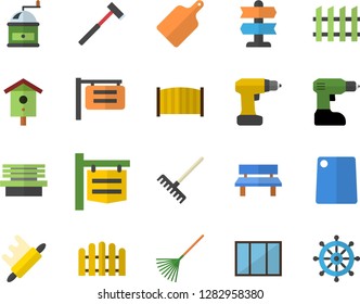 Color flat icon set window flat vector, drill screwdriver, fence, ax, rolling pin, cutting board, coffee grinder, nesting box, rake, bench, signboard, pointer fector, steering wheel