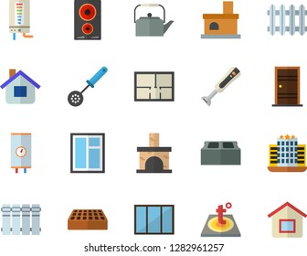 Color flat icon set window flat vector, house layout, Entrance door, brick, warm floor, heating batteries, boiler, teapot, kitchen spoon, induction cooker, blender, fireplace, radiator, hotel fector