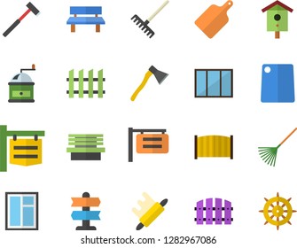 Color flat icon set window flat vector, fence, ax, rolling pin, cutting board, coffee grinder, nesting box, rake, bench, signboard, pointer fector, steering wheel