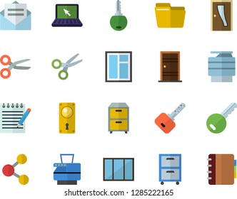 Color flat icon set window flat vector, Entrance door, lock, computer file, copy machine, archive, laptop, notepad, key fector, share, scissors, message, notebook