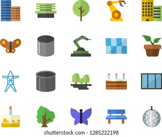 Color flat icon set window flat vector, skyscraper, tile, cake, home plant, tree, butterflies, bench, forest, power line support, pipe production, robotics, disco ball fector