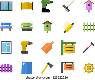Color flat icon set window flat vector, drill screwdriver, fence, ax, rolling pin, cutting board, nesting box, rake, bench, signboard, steering wheel