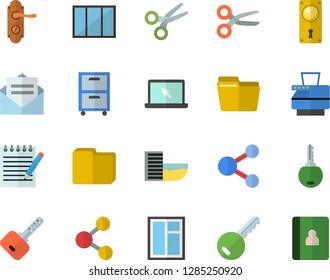 Color flat icon set window flat vector, door lock, computer file, copy machine, archive, laptop, notepad, hotel first line fector, key, share, scissors, message, notebook