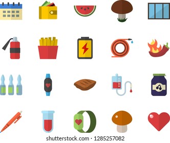 Color flat icon set window flat vector, watermelon, mushroom, chop, hot peppers, French fries, jam, hose, battery, purse, blood transfusion, test, ampoule, pen, fitness bracelet, calendar, heart