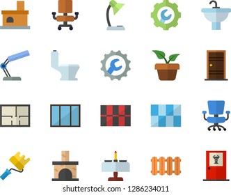 Color flat icon set window flat vector, paint roller, sink, toilet, house layout, Entrance door, tile, repair, heating batteries, home plant, fireplace, office chair, reading lamp, doctor's