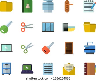 Color flat icon set window flat vector, Entrance door, lock, computer file, copy machine, archive, laptop, notepad, hotel first line fector, key, scissors, message, notebook