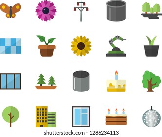 Color flat icon set window flat vector, skyscraper, tile, cake, home plant, tree, flower, butterflies, forest, power line support, pipe production, robotics, disco ball fector