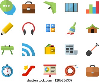 Color flat icon set window flat vector, shovel, hose, paint brush, purse, chat, calculator, briefcase, chart, document, pencil, stopwatch, sports equipment horse, escalator fector, hang glider, tent