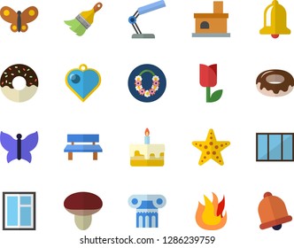 Color flat icon set window flat vector, paint brush, fire, cake, donut, mushroom, tulip, butterflies, bench, fireplace, reading lamp, antique column fector, hawaiian wreath, starfish, heart pendant