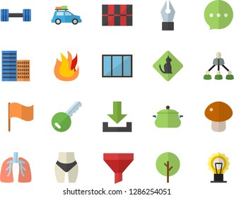 Color flat icon set window flat vector, skyscraper, tile, saucepan, fire, mushroom, tree, funnel, flag, lungs, ink pen, hierarchy, dumbbell, waistline, car fector, pets allowed, key, download, chat
