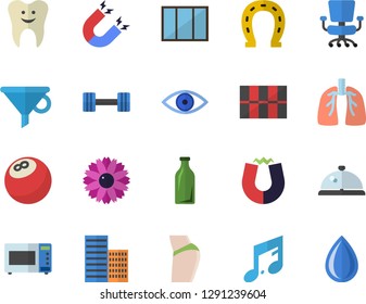 Color Flat Icon Set Window Flat Vector, Skyscraper, Tile, Microwave, Flower, Horseshoe, Glass Bottles, Funnel, Eye, Tooth, Lungs, Office Chair, Magnet, Dumbbell, Bowling Ball, Buttocks, Note, Drop