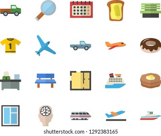 Color flat icon set window flat vector, house layout, donut, sandwich, pancakes, pickup truck, bench, calendar, office worker, magnifier, brain fector, sport T shirt, aircraft, train, departure