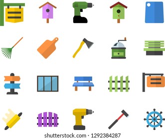 Color flat icon set window flat vector, drill screwdriver, fence, ax, rolling pin, cutting board, coffee grinder, nesting box, rake, bench, signboard, pointer fector, steering wheel