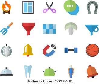 Color flat icon set window flat vector, tile, saucepan, scissors, mushroom, horseshoe, pitchfork, bonfire, magnet, funnel, chat, tooth, dumbbell, basketball, size, disco ball fector, jingle, bell