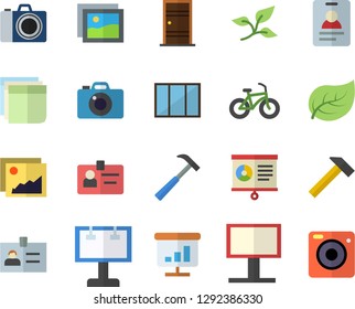 Color flat icon set window flat vector, Entrance door, hammer, tree leaf, billboard, chart, badge, sticker, bicycle, camera fector, gallery