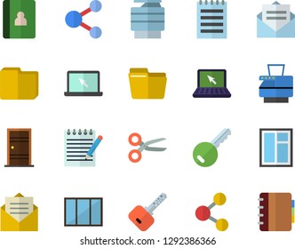 Color flat icon set window flat vector, Entrance door, computer file, copy machine, laptop, notepad, key fector, share, scissors, message, notebook