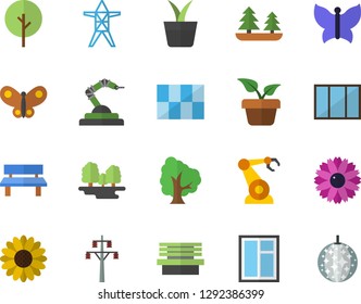 Color flat icon set window flat vector, tile, home plant, tree, flower, butterflies, bench, forest, power line support, robotics, disco ball fector