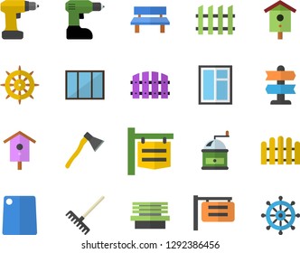 Color flat icon set window flat vector, drill screwdriver, fence, ax, cutting board, coffee grinder, nesting box, rake, bench, signboard, pointer fector, steering wheel