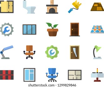 Color flat icon set window flat vector, paint roller, toilet, house layout, Entrance door, tile, repair, flooring, home plant, fireplace, office chair, reading lamp, romantic dinner fector