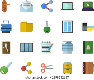 Color flat icon set window flat vector, Entrance door, lock, computer file, copy machine, archive, laptop, notepad, hotel first line fector, key, share, scissors, message, notebook