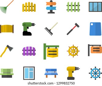 Color flat icon set window flat vector, drill screwdriver, fence, ax, cutting board, rake, bench, signboard, pointer fector, steering wheel