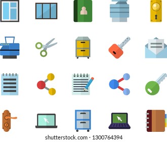 Color flat icon set window flat vector, door lock, copy machine, archive, laptop, notepad, key fector, share, scissors, message, notebook