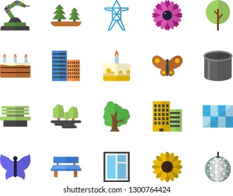 Color flat icon set window flat vector, skyscraper, tile, cake, tree, flower, butterflies, bench, forest, power line support, pipe production, robotics, disco ball fector