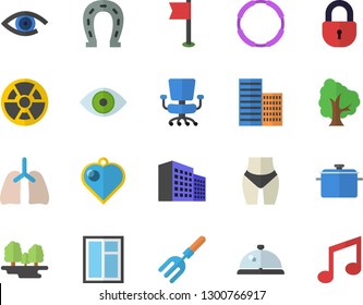 Color flat icon set window flat vector, skyscraper, saucepan, tree, horseshoe, pitchfork, forest, radiation, eye, lungs, office building, chair, waistline, sports flag, hoop, jingle fector, lock