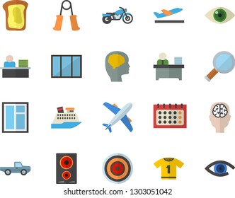 Color flat icon set window flat vector, induction cooker, sandwich, pickup truck, calendar, office worker, magnifier, brain fector, carpal expander, sport T shirt, motorcycle, aircraft, departure