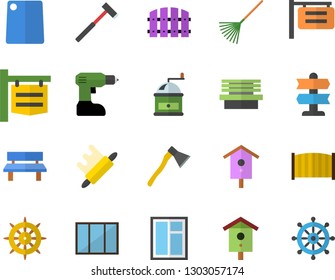 Color flat icon set window flat vector, drill screwdriver, fence, ax, rolling pin, cutting board, coffee grinder, nesting box, rake, bench, signboard, pointer fector, steering wheel