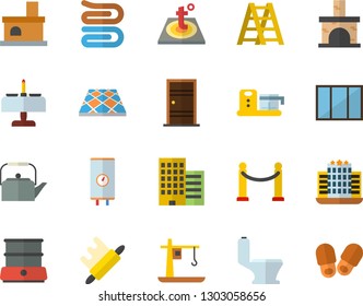 Color flat icon set window flat vector, ladder, toilet, Entrance door, skyscraper, flooring, warm floor, boiler, teapot, towel, rolling pin, double, food processor, fireplace, crane, VIP area fector