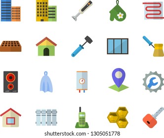 Color flat icon set window flat vector, skyscraper, repair, brick, warm floor, heating batteries, boiler, potholder, towel, meat hammer, turk, induction cooker, blender, honeycomb, location, house
