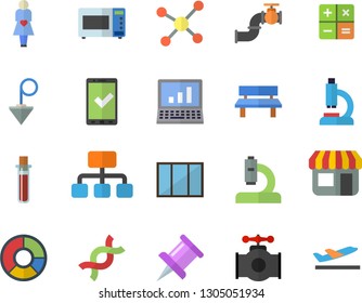 Color flat icon set window flat vector, construction plummet, microwave, bench, main pipeline, store front, hierarchy, calculator, blood test, microscope, gestation, DNA, drawing pin, molecule