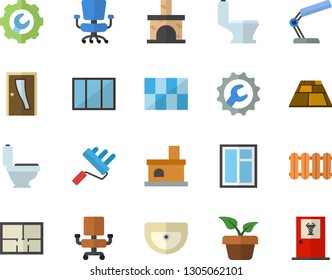 Color flat icon set window flat vector, paint roller, sink, toilet, house layout, Entrance door, tile, repair, flooring, heating batteries, home plant, fireplace, office chair, reading lamp