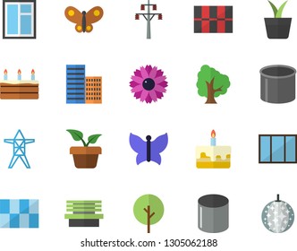 Color flat icon set window flat vector, skyscraper, tile, cake, home plant, tree, flower, butterflies, bench, power line support, pipe production, disco ball fector